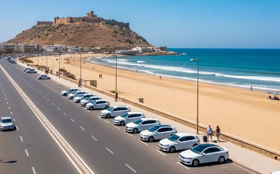 Agadir Al Massira Airport car rental pickup with modern rental cars ready for tourists