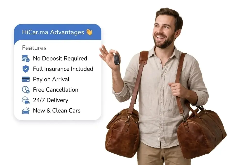 Happy customer holding car key with HiCar Agadir advantages no deposit full insurance