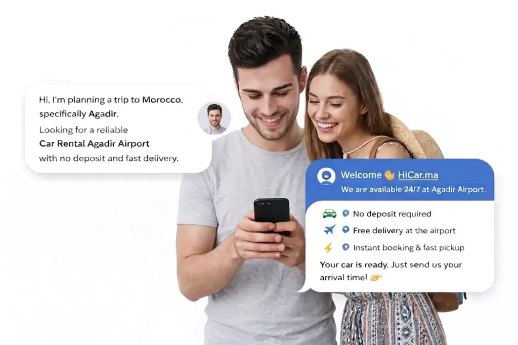 A couple smiles while booking a "car rental Agadir airport" on a phone from HiCar.ma with no deposit and free airport delivery.