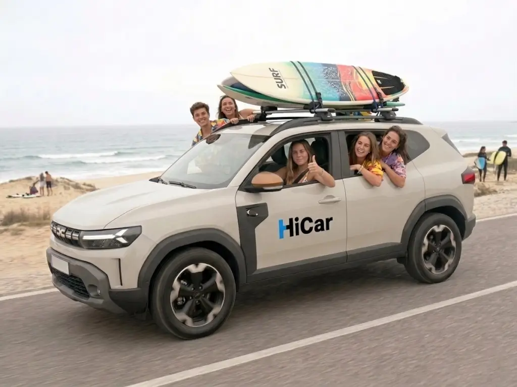A group of six friends happily pose in and around a beige HiCar rental SUV on a coastal road, with colorful surfboards on the roof rack and a beach background. The woman in the window gives a thumbs-up. Ideal for Morocco surf trips