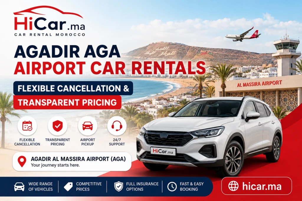 White SUV at Agadir Al Massira Airport with HiCar.ma branding promoting airport car rental services in Agadir Morocco