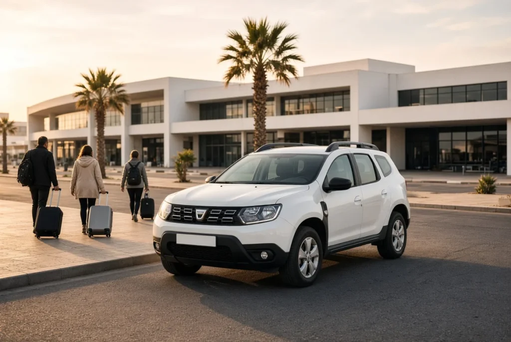 White rental SUV waiting outside Agadir Al Massira Airport for a no-deposit car hire pickup